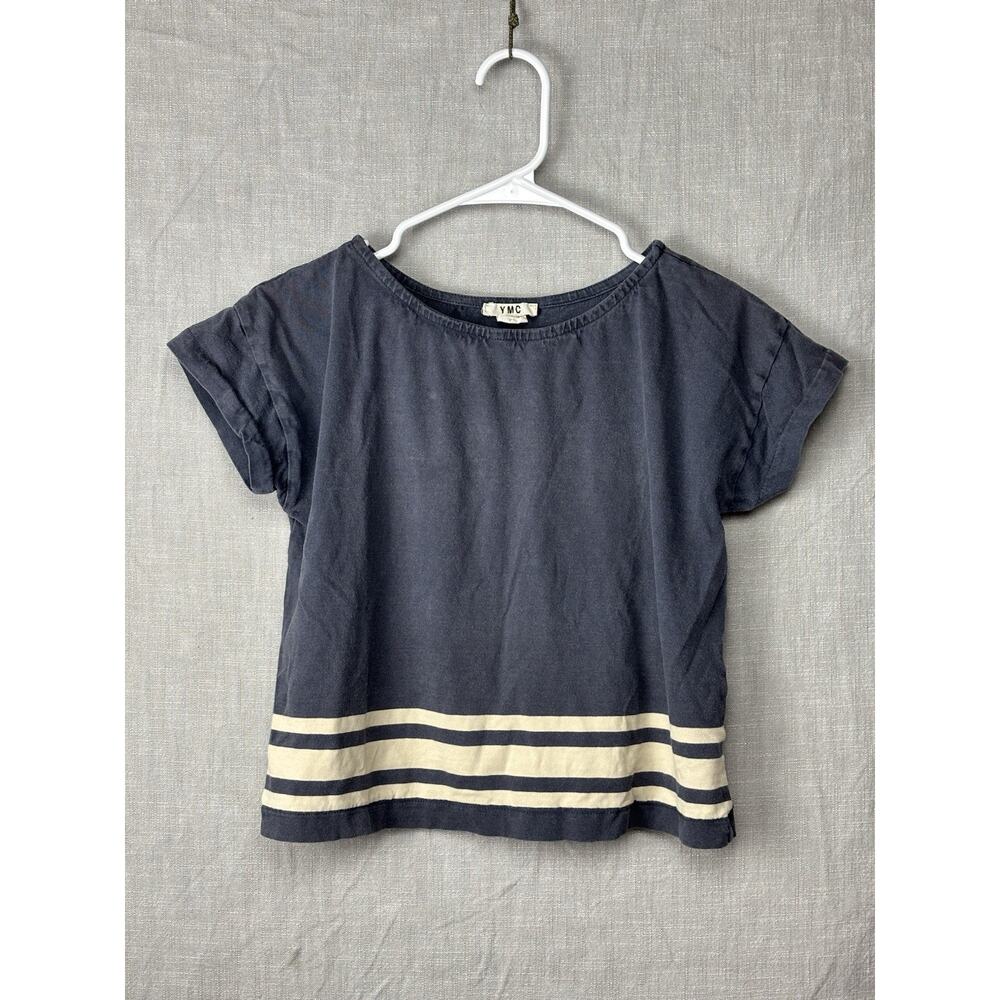 YMC London Women's Blue Striped Cropped Crew Neck Top Size 8